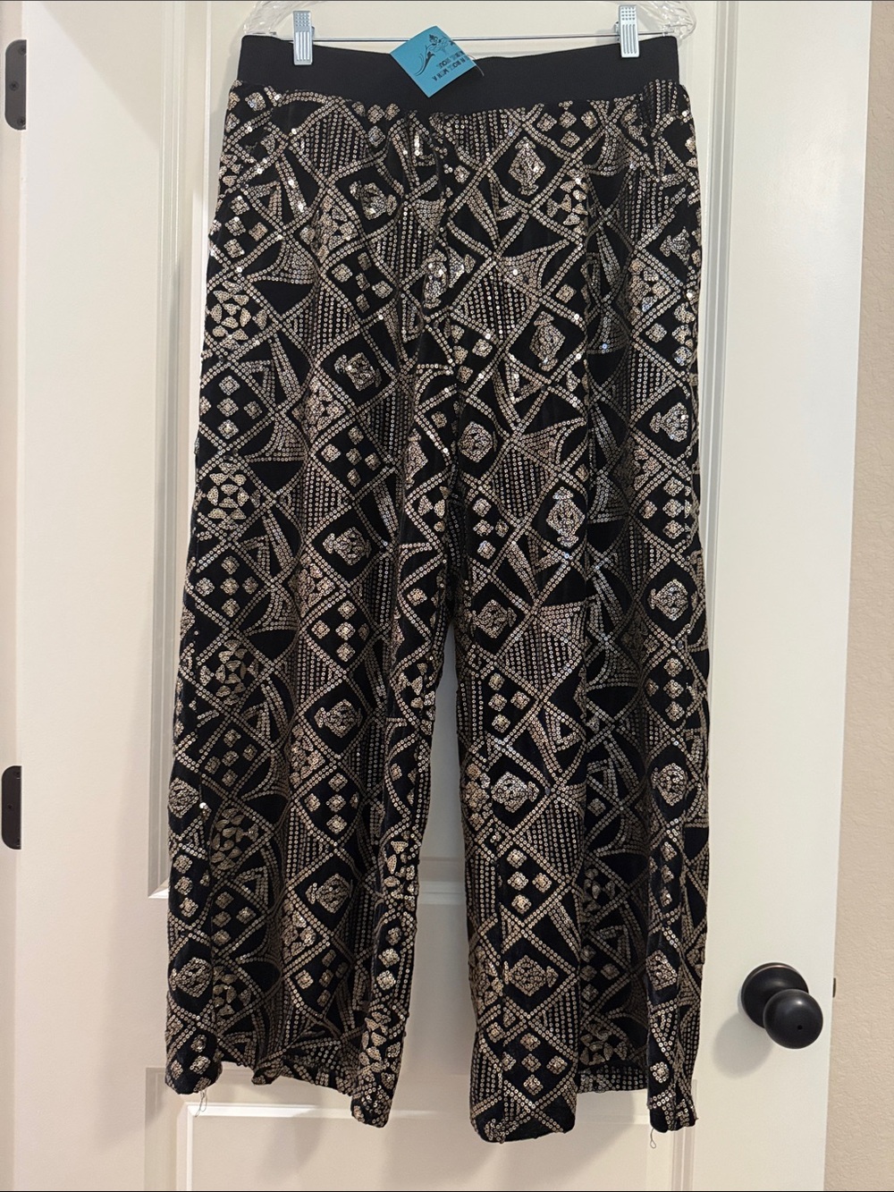 Wide Leg Palazzo Pants - Black and Gold- Inseam 25”, Waist 17”, Elastic waist